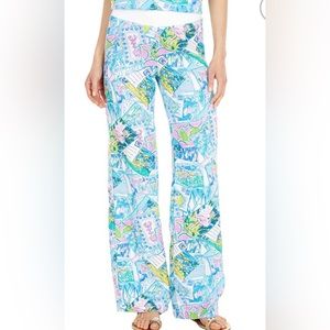 💕 Lilly Pulitzer Beach Palazzo Pull On Linen Pants Wish You Were Here - L 💕